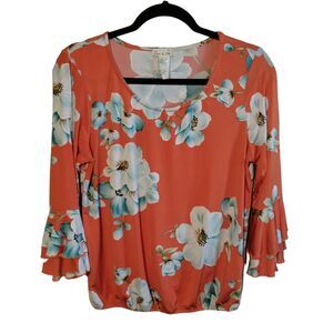 Emi & Joe Womens Sz M Orange Floral 3/4 Sleeve Blouse